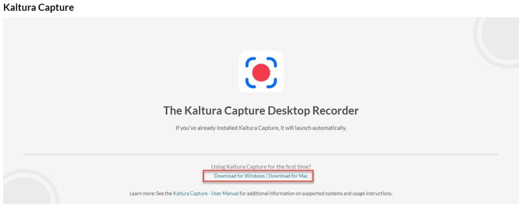 Download options for Kaltura Capture Desktop Recorder